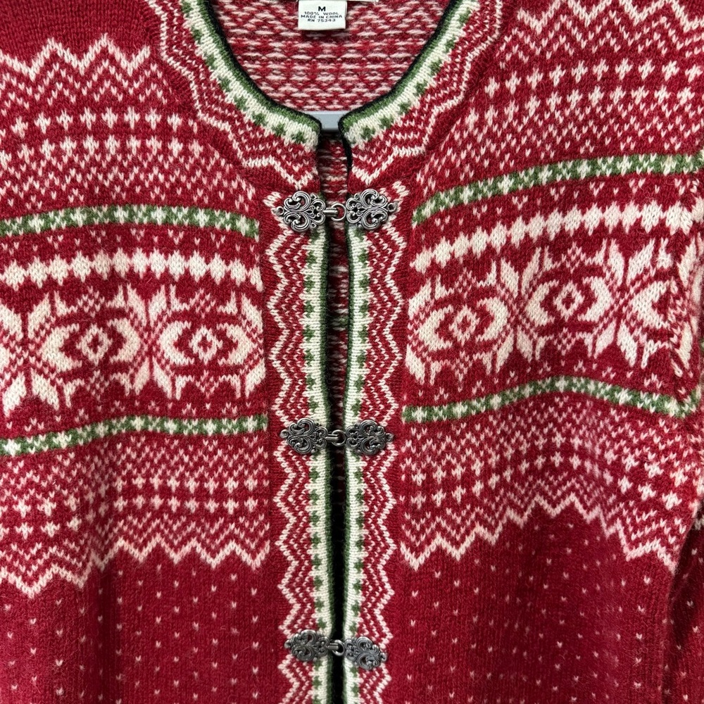 Susan Bristol Womens Wool Cardigan Sweater Nordic Fair Isle Metal Clasps Hooks M - Picture 4 of 5